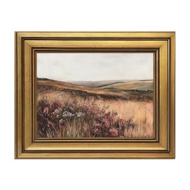 Imagem de KBKBART Arte de parede de paisagem vintage Moody moldura dourada - Pintura a óleo pastoral de flores silvestres marrons decoração de parede de casa de fazenda, decoração rústica da natureza do campo