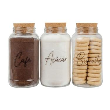 Imagem de Kit Cantinho do Café com 3 Potes de Vidro com Tampa de Cortiça e Adesivos para Armazenamento de Cozinha (Café, Açúcar e Biscoitos)