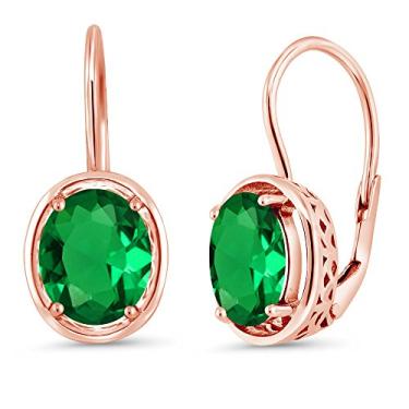 Imagem de Gem Stone King Brincos femininos com pingente de esmeralda simulada verde prata banhado a ouro rosa 18K (3,00 quilates, oval 9 x 7 mm), Pedra preciosa Prata banhada a ouro rosa Pedra preciosa