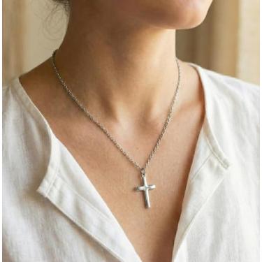 Imagem de Colar de cruz para mulheres - banhado a ouro 14 quilates/pingente de cruz delicada de prata - joia de fé religiosa - elegante presente de ano novo, colar simples e fofo, 18"+2" extend, Metal, Sem