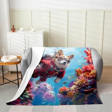 Imagem de jejeloiu Lindo cobertor de lã de cachorro corgi de mergulho solteiro 152 x 203 cm infantil desenho animado subaquático oceano mar flanela cobertor felpudo para decoração de quarto de meninos meninas