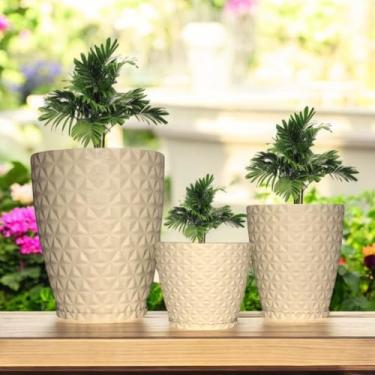 Imagem de Jogo 3 Vasos Luxo Diamante N°1,2,3 Polietileno Leves Planta Flor Jardim Moderno (Bege)