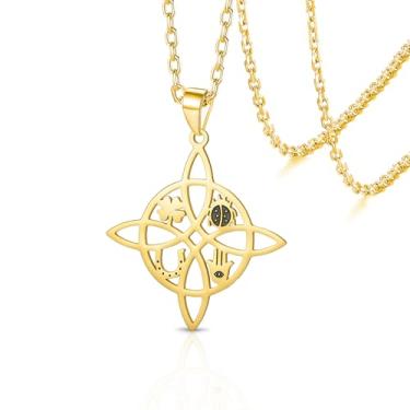 Imagem de VASSAGO Colar de nó de bruxa joaninha trevo de quatro folhas ferradura hamsa pingente nó celta colar amuleto da sorte proteção x bruxaria joias pagãs irlandesas para mulheres, Einheitsgröße, Aço