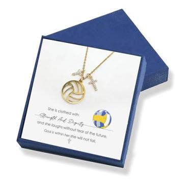 Imagem de Gowvvxu Joias de voleibol, 26 letras, fé, cruz, voleibol, alfabeto, zircão, pingente inicial, colar cristão para mulheres, presente de escritura de força para jogadores, treinadores, times, Medium