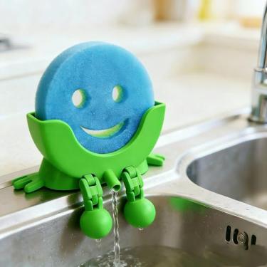 Imagem de Suporte de esponja de pia impresso em 3D, suporte de esponja de limpeza drenável, rack de armazenamento divertido com esponja sorridente fofa, organizador de acessórios de pia de cozinha (verde)