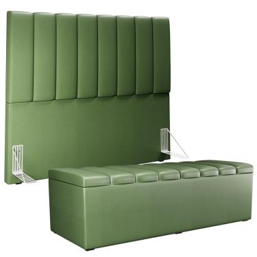 Imagem de Kit Cabeceira Cama Box Casal 140cm Calçadeira Recamier Baú Dália W01 Facto Verde Musgo - Lyam Decor