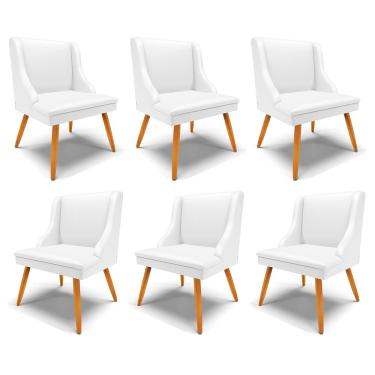 Imagem de Kit 6 Cadeiras Decorativas Sala de Jantar Pés Palito de Madeira Firenze PU Branco Fosco/Natural G19 - Gran Belo