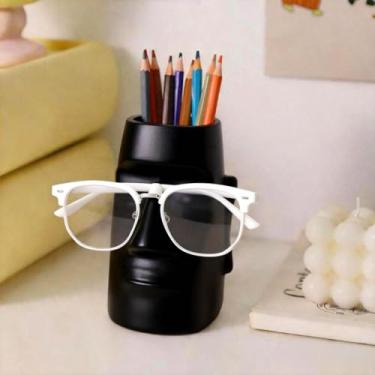 Imagem de Suporte de caneta criativo 2 em 1 com suporte para óculos, multifuncional, doméstico, dormitório, mesa, artigos de papelaria, pincéis de maquiagem (preto, 12,8 x 8 x 7,6 cm)
