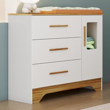 Imagem de Cômoda Infantil Popy Retrô Plus 1 Porta Com Janela E 3 Gavetas Branco Brilho/amêndoa - Móveis Peroba