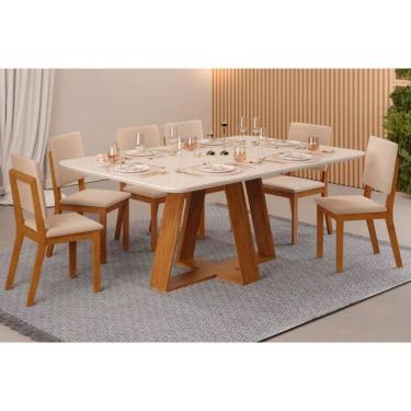 Imagem de Conjunto: Mesa Sala Jantar Celeste c/ Tampo Madeirado c/ Vidro Curvo 160x90cm e 6 Cadeiras Talia Cedro/Off White - Suede Creme - DJ Móveis