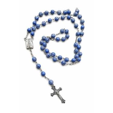Imagem de Terço Colar Nossa Senhora Aparecida Contas Formato Rosas 8mm Cor Azul 