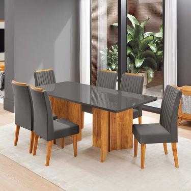 Imagem de Conjunto Sala de Jantar 6 Lugares Retangular Tampo de Vidro e Mdf Corleone Mel/Grafite/Cinza