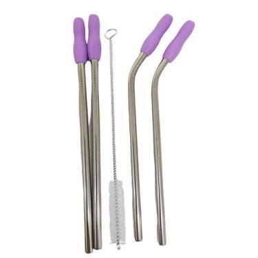 Imagem de Canudo Aço Inox Kit 4 Peças Reutilizavel MilkShake Vitamina Bebida Ret