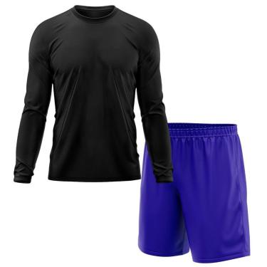 Imagem de Kit Calção Short Futebol Basquete Azul + Manga Longa Masculina Segunda Pele Dry-Masculino