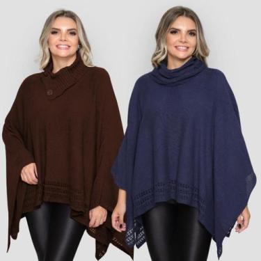 Imagem de Kit 2 Poncho Feminino Tricot Liso Gola Alta Casaco Lã Inverno - Rosile