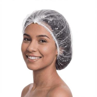 Imagem de Kit 50 Touca Plástica Descartável Transparente para Banho Salão Hotel 