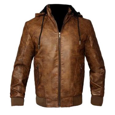 Imagem de Jaqueta Couro Masculina Forrada Capuz Removível Slim KLIZZ, Café, G
