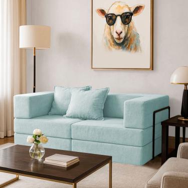 Imagem de Sofá Cama Mold 2 Lugares Retrátil e Reclinável 190cm Azul Claro Boucle Estrutura em Aço Loja Sheep