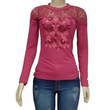 Imagem de Blusa feminina manga longa canelada estampada em relevo - Lecimar, Ros