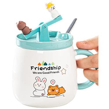 Imagem de Caneca de astronauta com colher de urso de cerâmica xícara de café de cerâmica de desenho infantil caneca de leite xícara de chá presente de aniversário escritório casa (amizade gangorra azul)