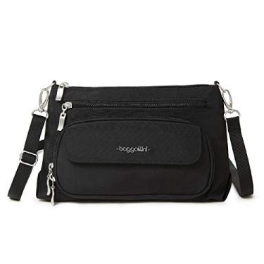 Imagem de Baggallini Bolsa tiracolo feminina original para uso diário, 27 x 18 cm, com proteção RFID, lavável, leve, de nylon, com zíper, Preto com forro de areia, One Size