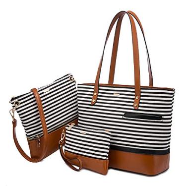 Imagem de LOVEVOOK Bolsa feminina de ombro, bolsa Hobo, alça superior, transversal, conjunto de 3 peças, estilo listrado, Listras horizontais marrons