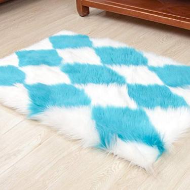 Imagem de Tapete de área falsa felpudo lavável pilha longa tapete antiderrapante padrão de diamante tapete proteger o chão para sala de estudo banheiro varanda quarto infantil sofá cadeira, azul, 60 * 120 cm