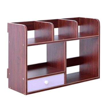 Imagem de Estante pequena estante na mesa Rack de armazenamento de mesa simples de camada dupla com gavetas Estante de escritório em casa suporte de arquivo para livros documentos revistas itens pequenos estante (cor: marrom