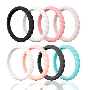 Imagem de Egnaro Aliança de casamento de silicone para mulheres, alianças de casamento de borracha trançada finas e empilháveis, não tóxica, segura para a pele