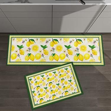 Imagem de Conjunto de 2 tapetes de cozinha amarelo limão aquarela frutas verão moldura verde para tapetes acolchoados e tapetes antiderrapantes absorventes corredor confortável tapete de pé