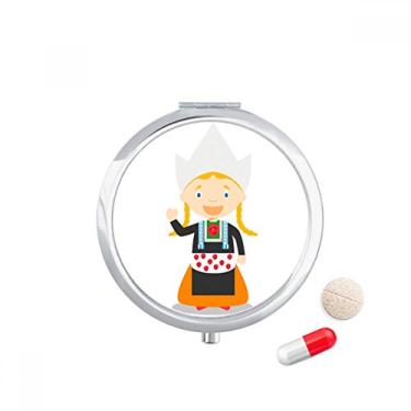Imagem de Pigtails Girl Netherlands Caixa de comprimidos de bolso com desenho animado para viagem e medicamentos, dispensador de medicamentos, presente espelhado