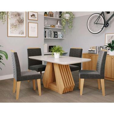 Imagem de conjunto de mesa de jantar retangular com tampo de vidro off white agata e 4 cadeiras clarice suede  e nature