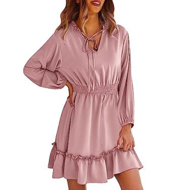 Imagem de Vestido feminino de cor sólida com decote em V, manga comprida, evasê, casual, coquetel, vestido casual para mulheres, rosa, GG
