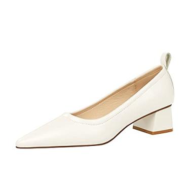 Imagem de Sapato feminino clássico sem cadarço de couro bico fino salto alto 4,5 cm salto grosso quadrado moda sapatos de escritório, Branco, 6.5