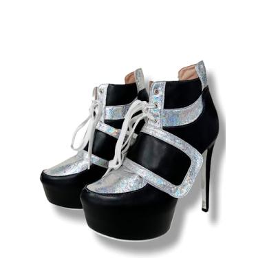 Imagem de Frankie Hsu Bota feminina sexy sexy sexy plataforma stiletto plataforma salto alto, preto empregada branca prata glitter punk estilo fashion, tamanho grande grande EUA 4-19 botas curtas de tornozelo