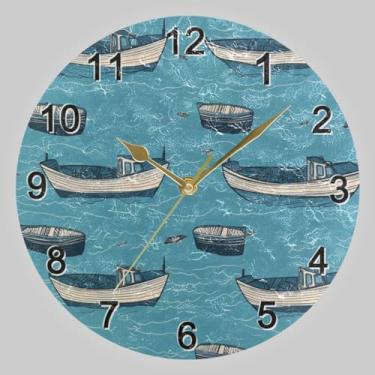 Imagem de CHIFIGNO Barco azul branco em relógio redondo azul 25 cm, relógio de parede criativo relógios de parede redondos operados por bateria relógios de sala de estar decorativos de parede