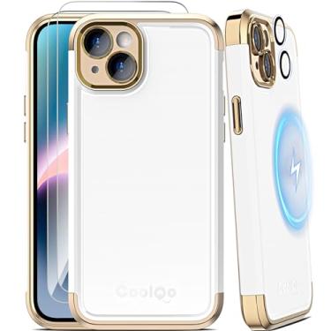 Imagem de COOLQO Capa magnética para iPhone 13, capa para iPhone 14, [6 em 1], 2X [protetor de tela + protetores de lente de câmera][proteção de grau militar de 4,5 m], capa galvanizada para celular, ouro branco