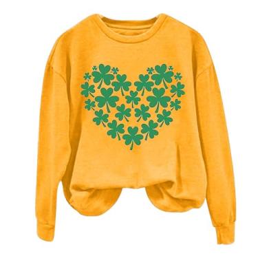 Imagem de Camiseta feminina do Dia de São Patrício de manga comprida verde trevo da sorte camisa moderna para mulheres 2024, Amarelo, P