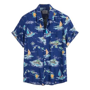 Imagem de MOHEZ Camisa masculina casual havaiana bolso frontal verão floral camisa manga curta camisa de praia tropical abotoada, Azul marinho 05, P