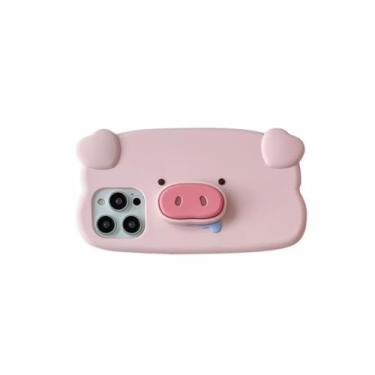 Imagem de Blingy's Capa protetora de silicone macio para iPhone 15 Pro Max com suporte, desenho fofo de porco, design animal engraçado, 6,7 polegadas (porco 3D)