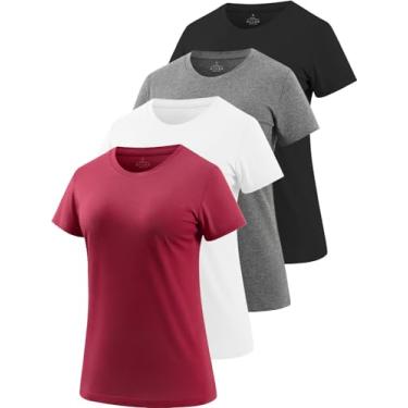 Imagem de Cosy Pyro Pacote com 4 camisetas femininas de manga curta de algodão com gola redonda macia e sólida, preto/cinza/branco/vinho, P