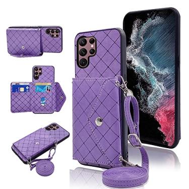 Imagem de Furiet Capa carteira compatível com Samsung Galaxy S24 Ultra 5G com alça de ombro transversal e suporte de couro para cartão de crédito capa de celular para S23Ultra 23S S 23 23Ultra 17.3 cm roxo