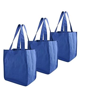 Imagem de Simple Ecology Saco de compras reutilizável de algodão orgânico Deluxe com mangas para garrafa – Azul (pacote com 3)