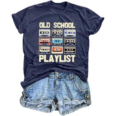 Imagem de LAZYCHILD Camiseta Feminina Anos 80 Old School Playlist Vintage Fita Cassete Gráfica Música Camiseta 80s Tops, Azul-escuro, XXG