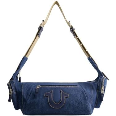 Imagem de True Religion Bolsa de ombro feminina, bolsa Hobo despojada com alça ajustável e logotipo em ferradura, jeans escuro, Jeans escuro