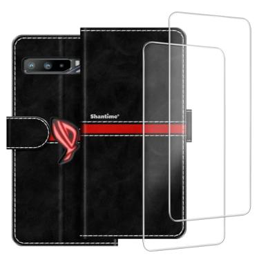 Imagem de ESACMOT Capa de celular compatível com Asus ROG Phone 3 ZS661KL + [2 unidades] película protetora de tela de vidro, capa protetora magnética de couro premium para Asus ROG Phone III i003DD (6,6