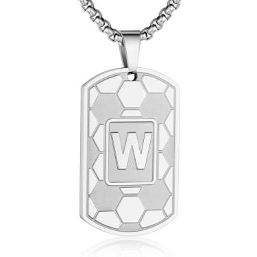Imagem de Colar masculino com pingente de futebol com inicial A-Z, corrente de aço inoxidável, 55 cm + 5 cm, personalizado, esporte, atletas, joias, presente de futebol para homens, Prata, Sem Pedra Preciosa