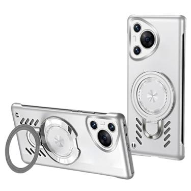 Imagem de LTLMYDAM Capa com suporte para Huawei Pura 70 Ultra/70 Pro/70 Pro+/70, capa de policarbonato com dissipação de calor traseira oca com suporte de anel de sucção magnética de veículo, prata, 70
