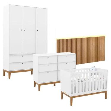 Imagem de Quarto de Bebê Unique 3 Portas com Cômoda 6 Gavetas e Painel Ripado com Led Branco Soft Eco Wood - Matic