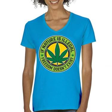 Imagem de Camiseta feminina com gola V If Nature is Illegal Freedom Doesn't Exist Funny Weed Smoking Marijuana 420 Stoner IVXX Cannabis, Turquesa, GG